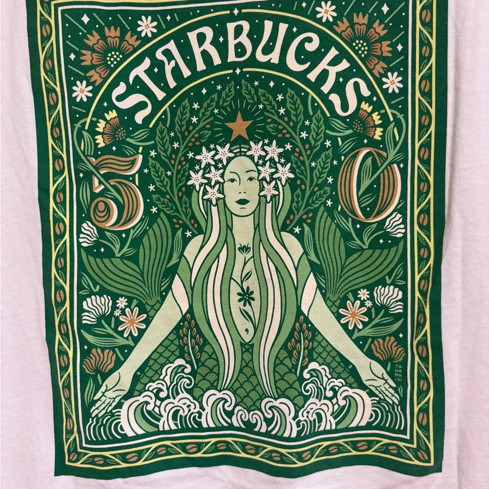 Unisex Starbucks Graphic Tee with Green and White mermaid Design size Large